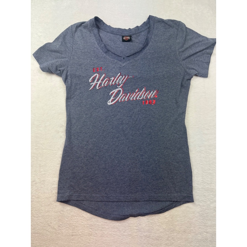Harley Davidson‎ Frontier Lincoln Nebraska V-Neck Graphic T-Shirt Blue Womens S